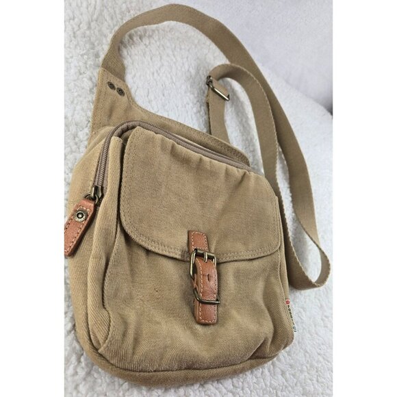 Vtg Fossil Khaki Corduroy Leather Trim Messenger Bag 8"x8" Safari Sac Crossbody - Picture 2 of 10